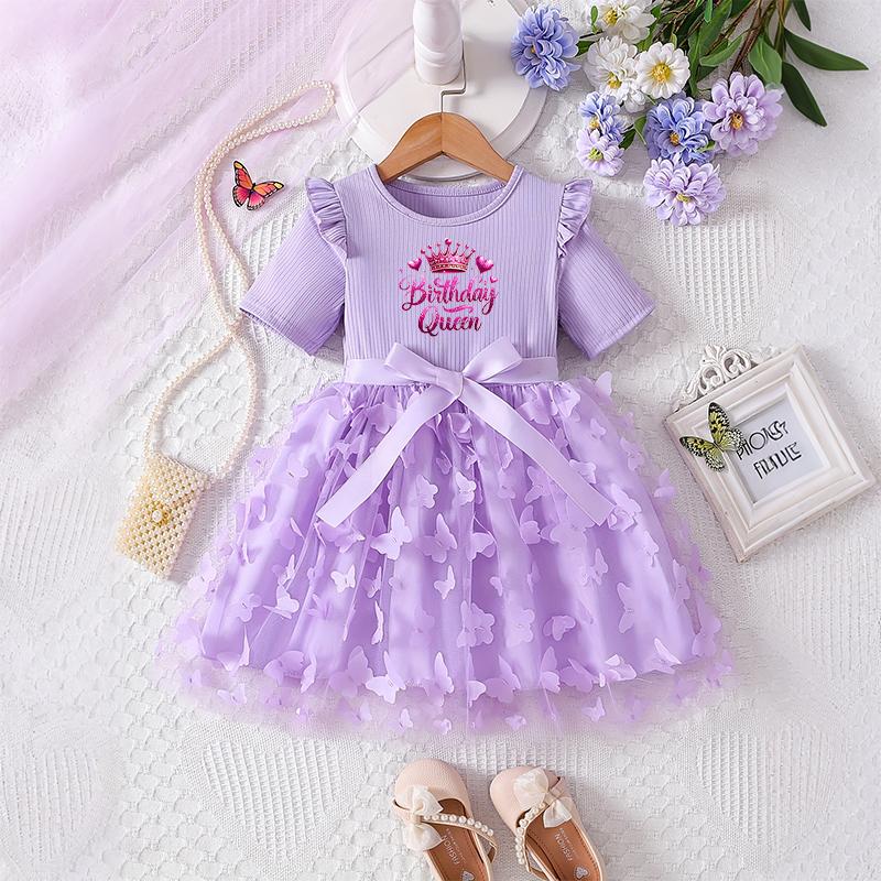 Girls Butterfly Tulle Dress, Crown Embroidery,Cute Princess Party Dress with Bow, Short Sleeve Summer Dress for Little Girls