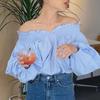Korean Chic Reversible Off-Shoulder Lantern Sleeve Shirt for Women - French Milk Blue Whitening Design