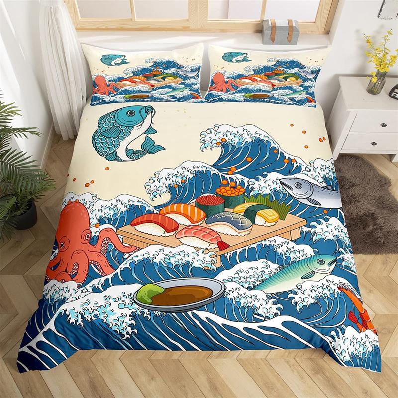 Cartoon Sushi Food Duvet Cover Twin For Kids Teen Microfiber Japanese Cuisine Bedding Set Kawaii Cat Cherry Blossoms Quilt Cover
