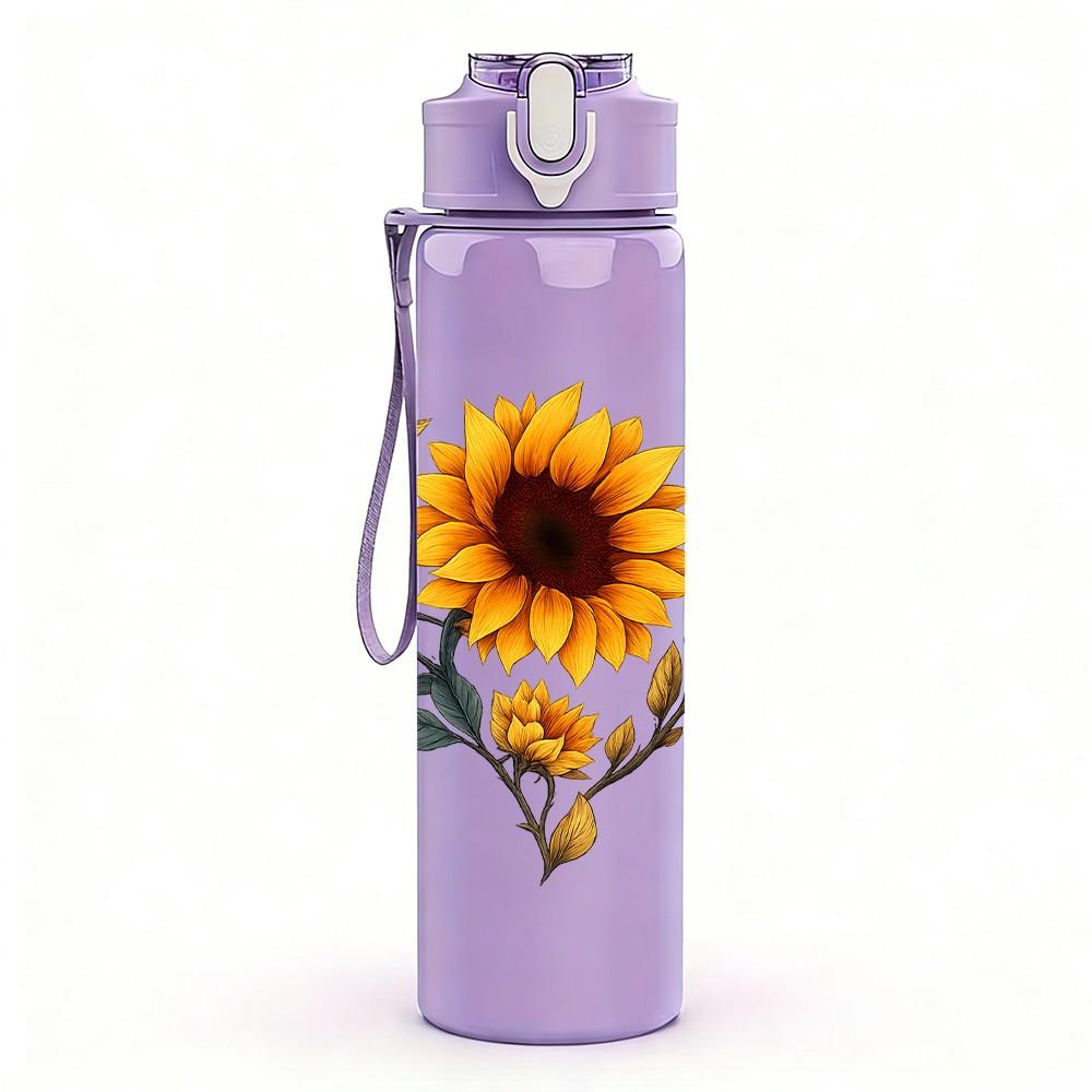 1PC Yellow Sunflower Art Print 750ml Color Plastic Sports Water Bottle Leakproof Flip Straw Lid Suitable for Sports Office Home Use