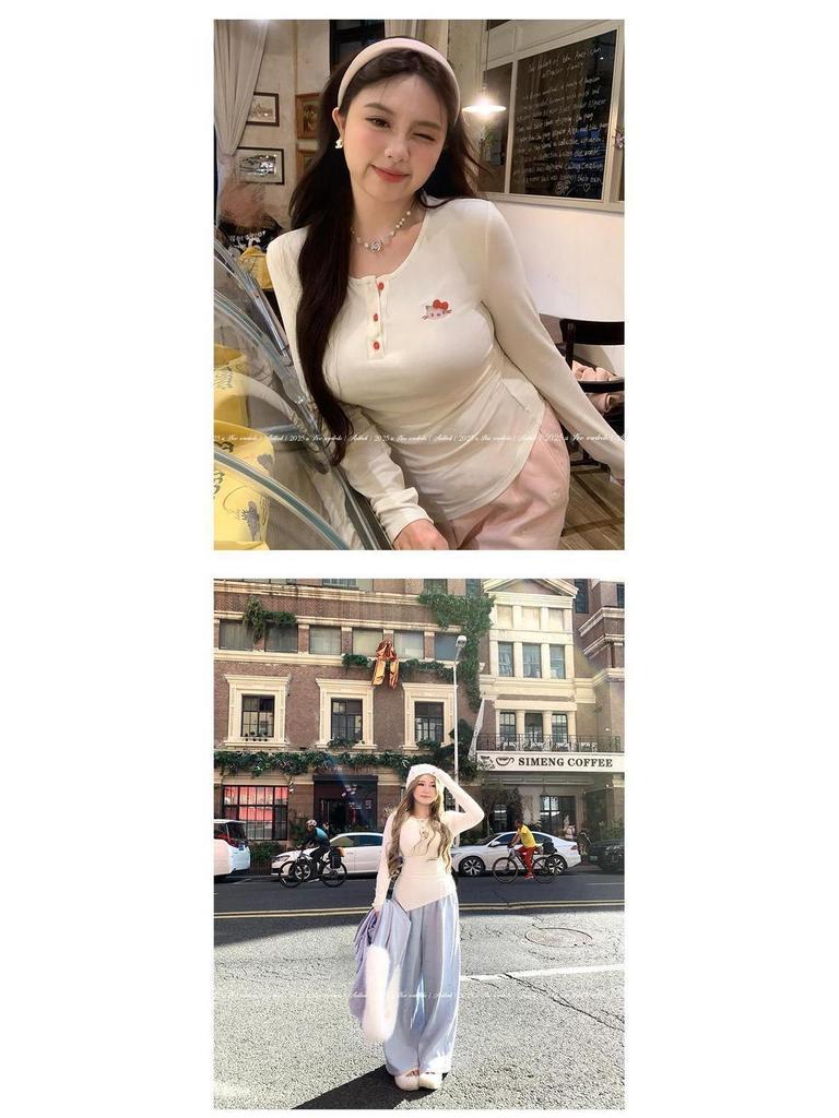 Annie's Kitty Embroidery Waist-Cinching Knit T-Shirt for Plus-Size Women - Slimming Long-Sleeved Top