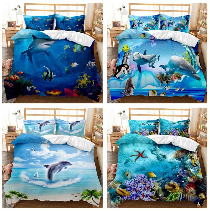 3D Marine Animal Pattern Bedding Set Dolphin Print Quilt Cover Pillow Cover Teen Single Bed Bed Gift
