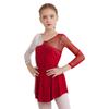 Kids Girls Stylish Dance Wear Long Sleeve Rhinestone Decor Contrast Color Skating Dresses