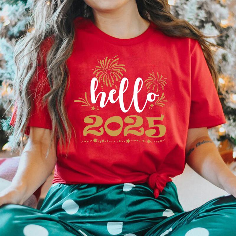 Футболки женские с принтом Hello 2025, модные, повседневные, с коротким рукавом и круглым вырезом, забавные, новогодние, женские топы, праздничные подарки на вечеринку, футболка