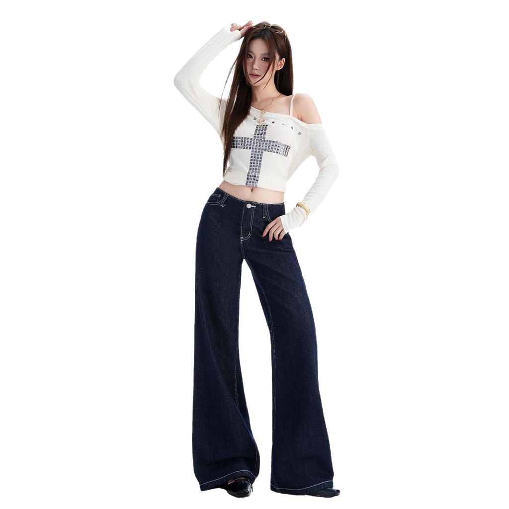 Low waist deconstruction design sense slightly pull jeans women's autumn and winter new thin high-end women's mopping pants autumn