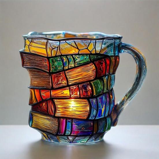 Painted Book Mug with Spoon Creative 3D Stack Book Coffee Cup Retro Novel Style Cup Collection Gifts for Literature Lovers