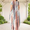 Women Plus Size Round Neck Short Sleeve Abstract Printed Blue Green Loose Long Dress With Side Pockets