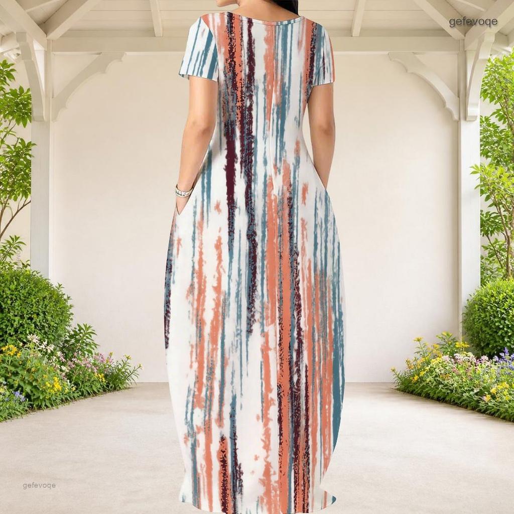 Women Plus Size Round Neck Short Sleeve Abstract Printed Blue Green Loose Long Dress With Side Pockets