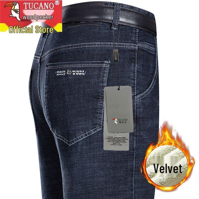 Woodpecker Men's High-Waisted Winter Fleece-Lined Stretch Jeans - Business Casual Straight-Leg Trousers