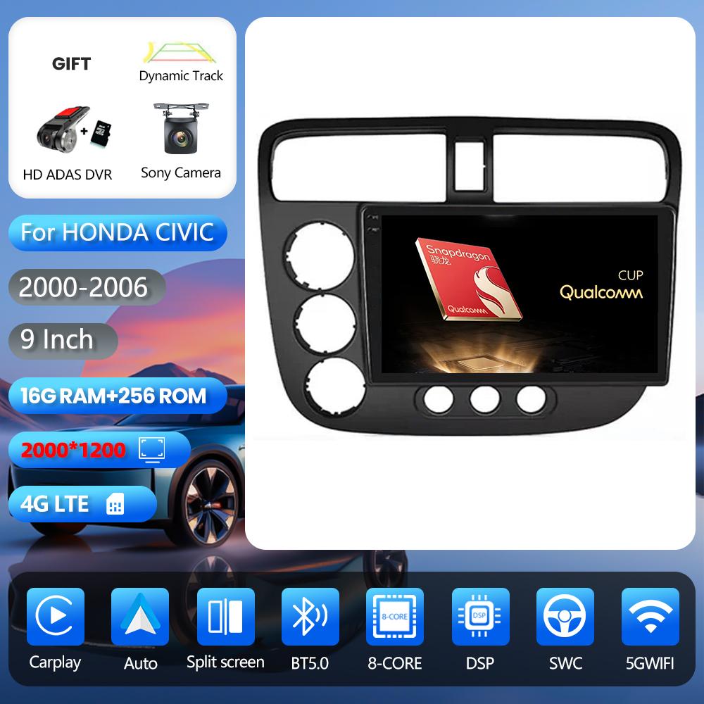 Autoradio multimédia Android 16 RSNAVI pour Honda Civic 7 2000-2006, Carplay, GPS, stéréo, caméra 360°, WIFI+4G