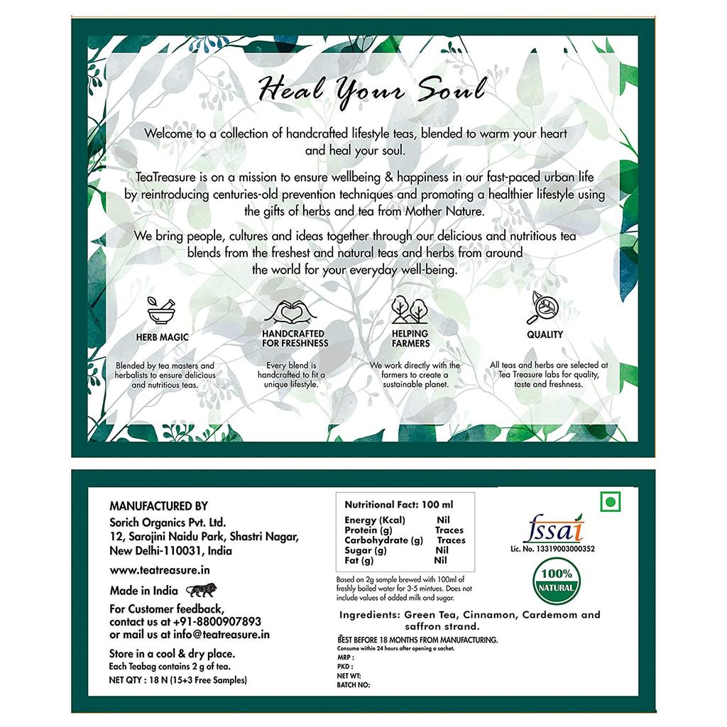 Green Tea Kahwa (18 Pack, 2 G), Kahwa Green Tea, Tea Treasure