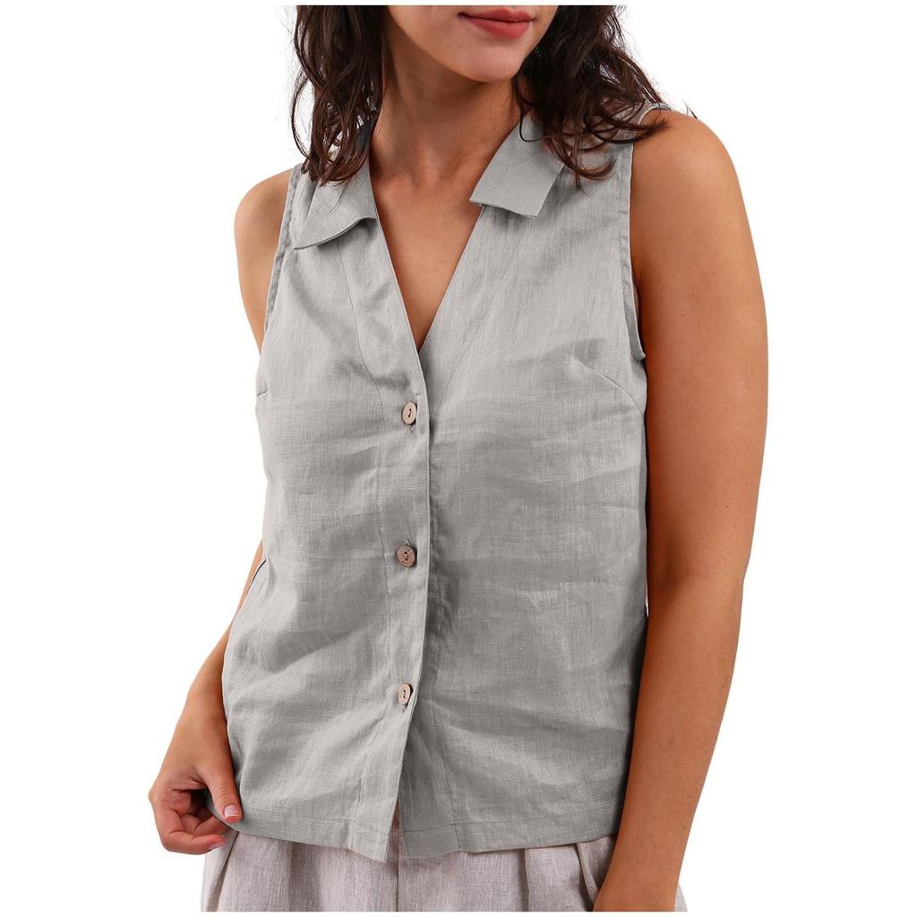 Women's Fashion Loose Solid Color Cotton And Linen Buttoned Lapel Vest Casual Shirt Top