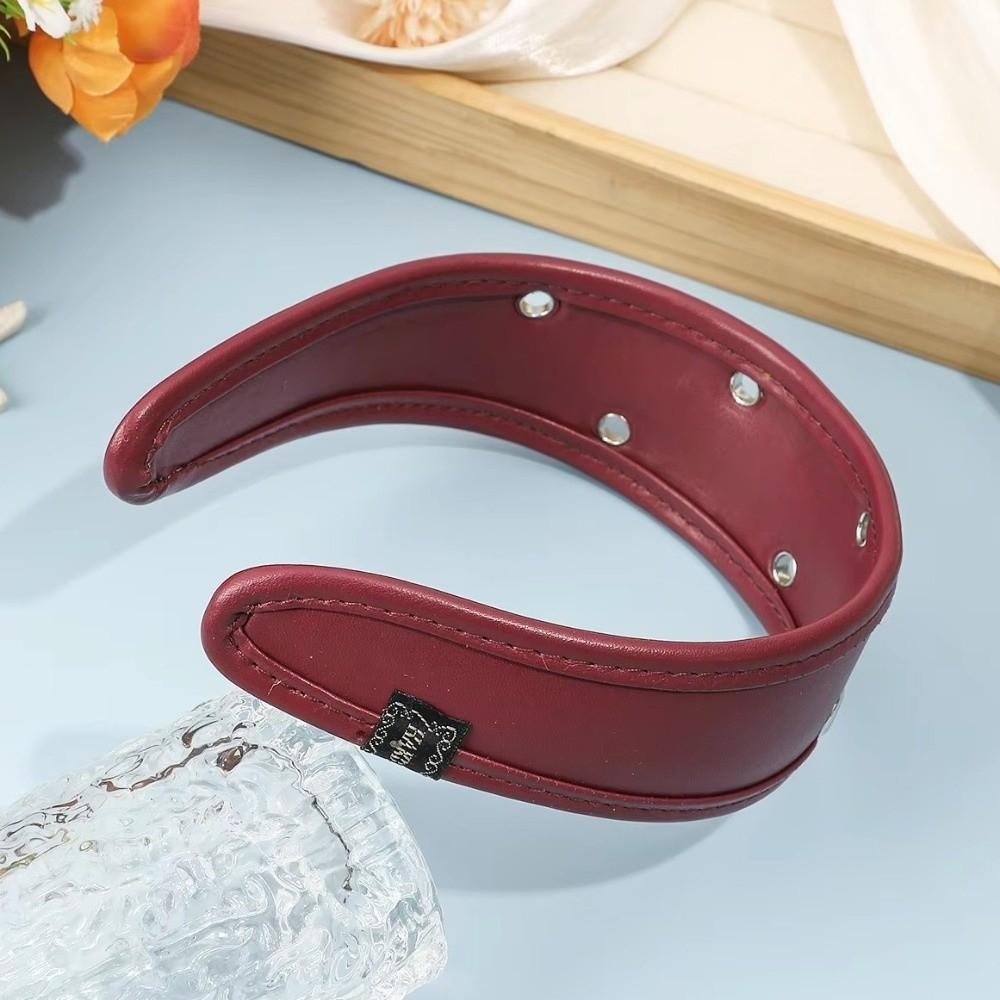 Wide Leather Headband Black and Red Hollow Ring Hair Hoop Ins Metal Rivets Headwear Urban