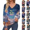 Women's Fashion Casual Long Sleeve Christmas Printed V- Neck Sweater Top