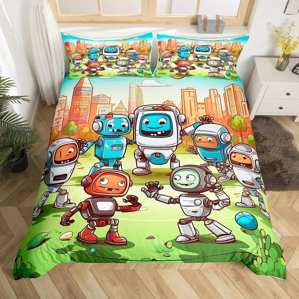 Boys Cartoon Robot Rocket Duvet Cover King Queen Size,Kids Spaceship Bedding Set 3Pcs Starry Galaxy Universe Planet Quilt Cover