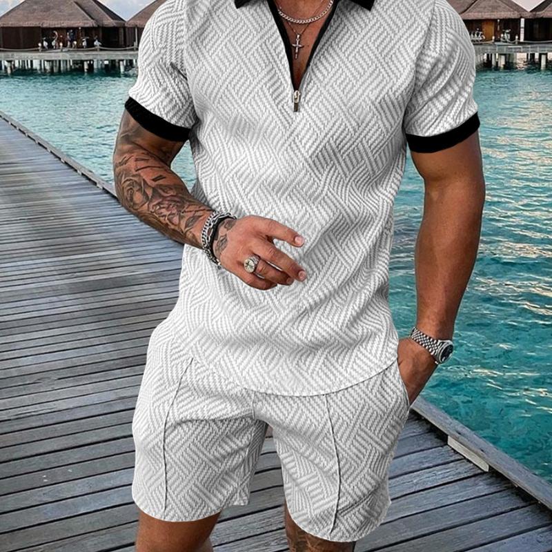 Summer Mens Outfit 2-Piece Set Short Sleeve POLO Shirts and Shorts Set T-Shirt