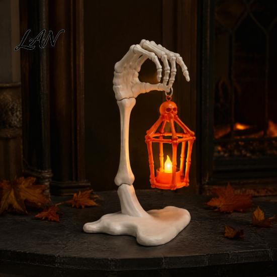 Battery Operated Flickering Light Skeleton Arm Lantern, 3D Printed Halloween Hand Holding Up Lantern Detailed Resin Bone Figurine with LED Candle for