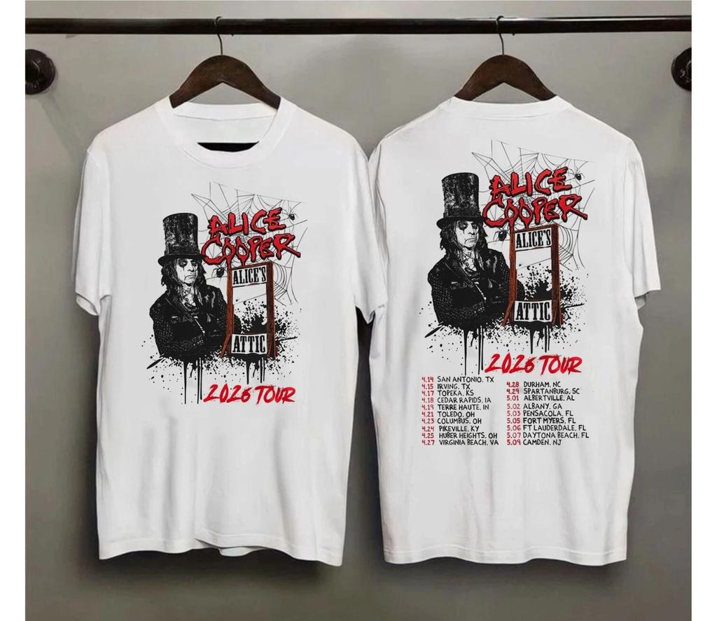 Футболка с туром Alice Cooper 2026 года "Alice's Attic", Повседневная уличная футболка с ретро-принтом для фанатов обоих полов - Мужская S...