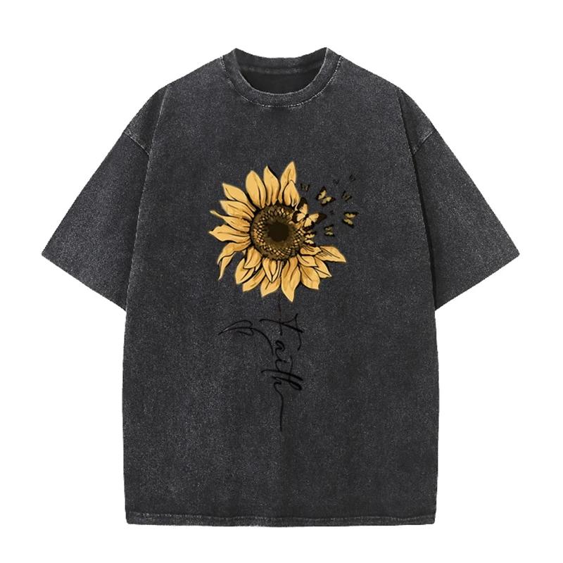 Vintage Black Sunflower T Shirt Butterfly Graphic Acid Wash Oversized Tee