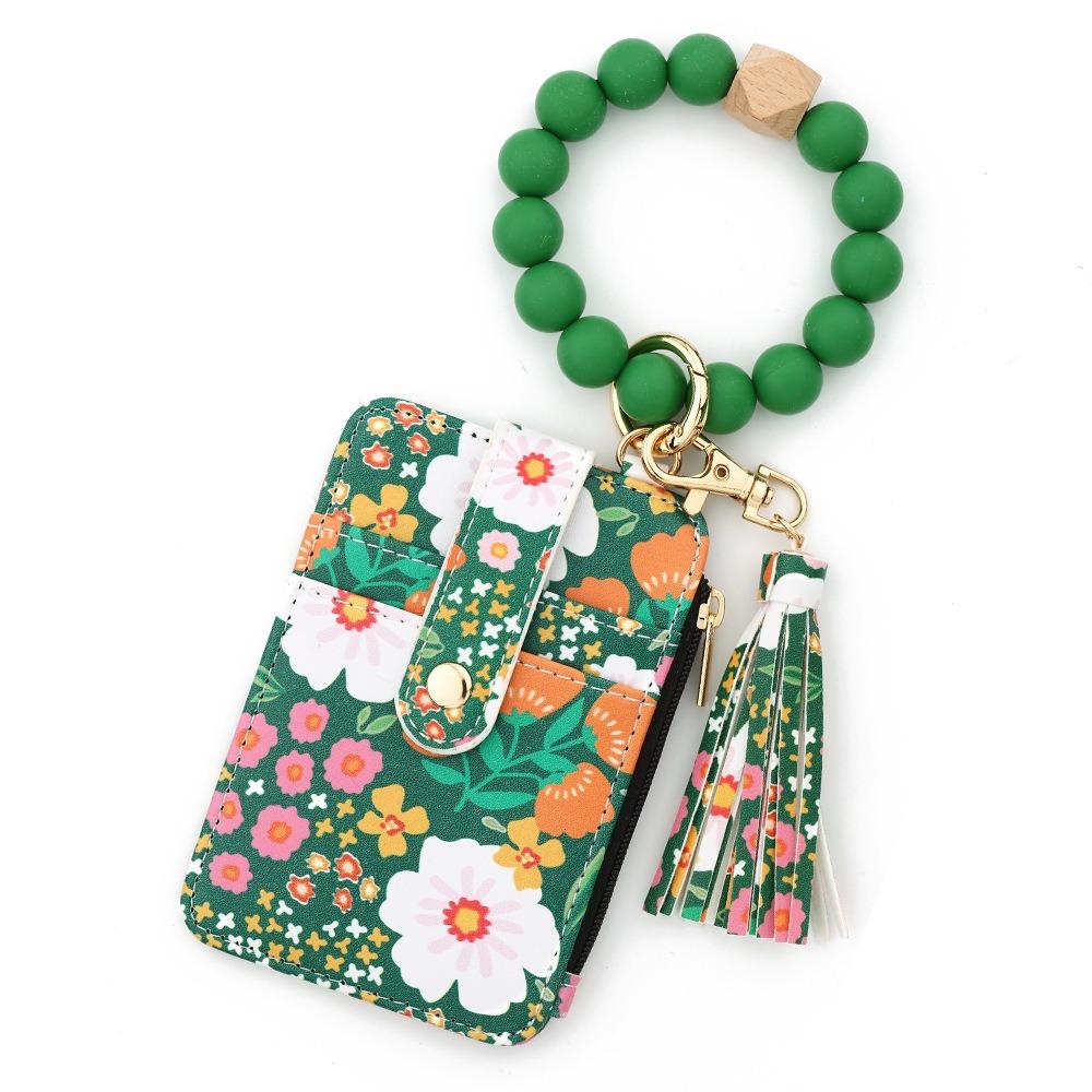 Boho Style Silicone Bead Bracelet Keychain Fragmented Design Leather Card Bag Keychain Travel