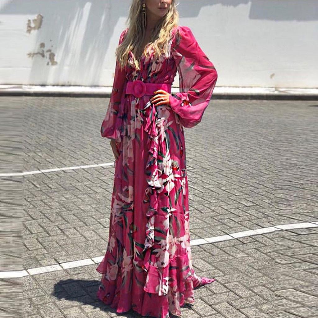 Женское модное богемное шифоновое платье с V-образным вырезом и длинным рукавом с цветочным принтом