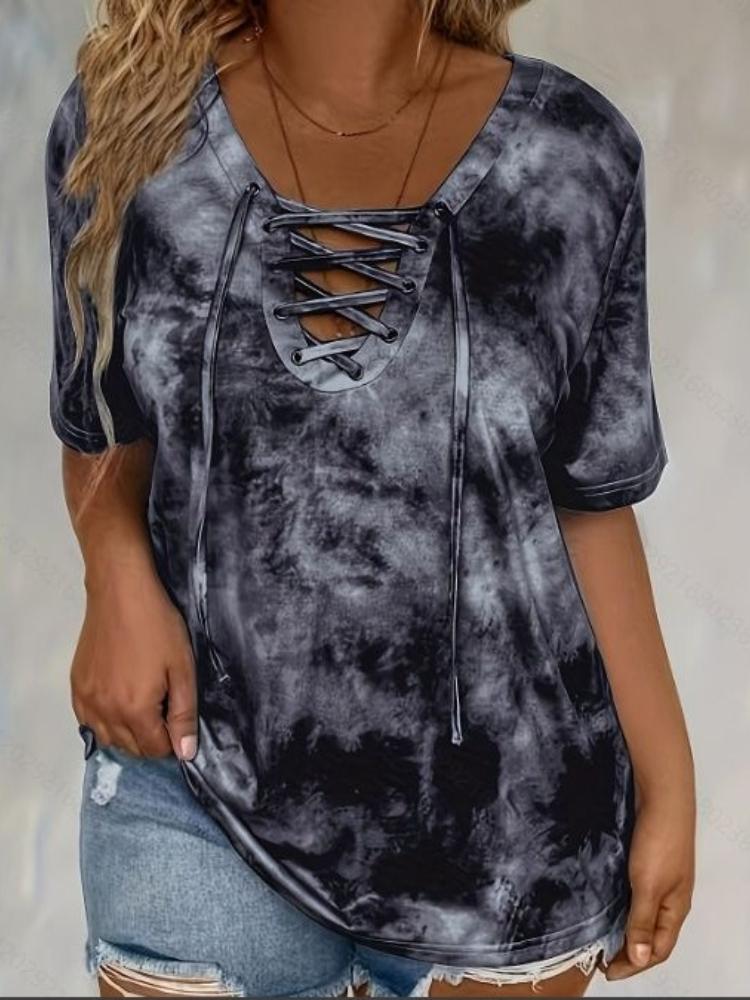 Женские повседневные топы большого размера с tie-dye, коротким рукавом, шнуровкой и V-образным вырезом