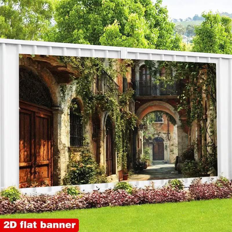 2D Romantic European Alley Backdrop, Old Town with Green Vines for Photoshoot