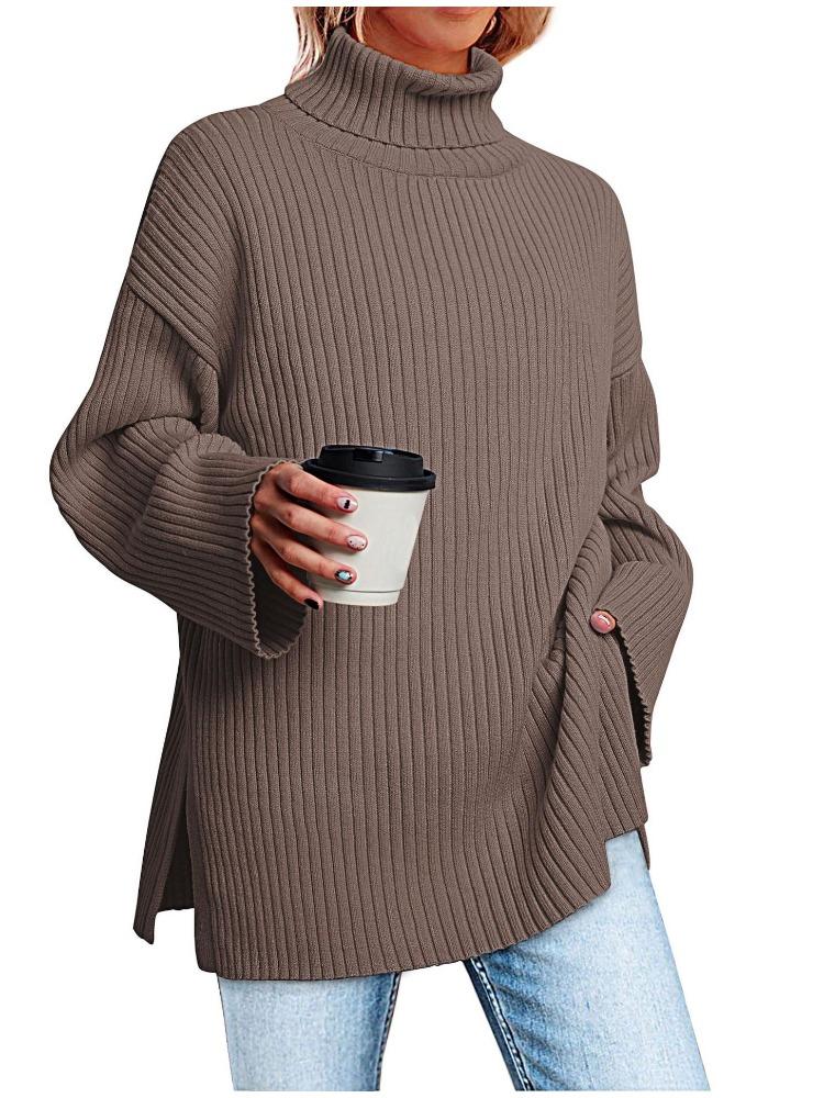 Осень Зима Водолазка Оверсайз Свитер Женский Разрез Длинный Рукав В рубчик Роскошный Расслабленный крой Стройнящий Универсальный Топ