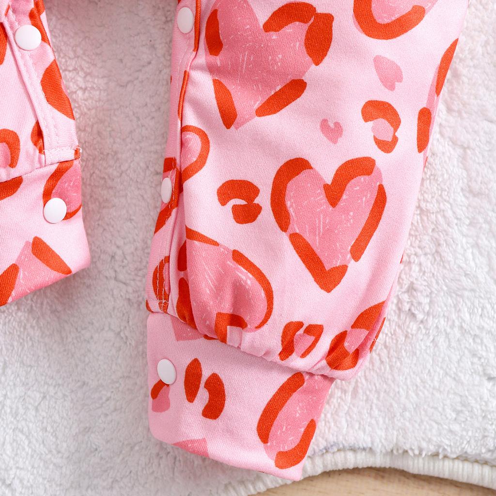 1-9 Months Baby Girl Pink Heart Shape Leopard Full Print Romper Casual Long Sleeve Jumpsuit