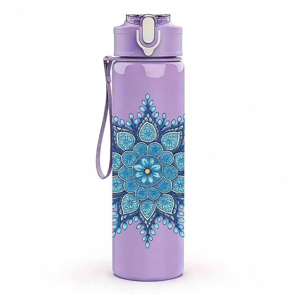 1PC Blue Snowflake Mandala Design 750ml Color Plastic Sports Water Bottle Leakproof Flip Straw Lid Suitable for Sports Office Home Use
