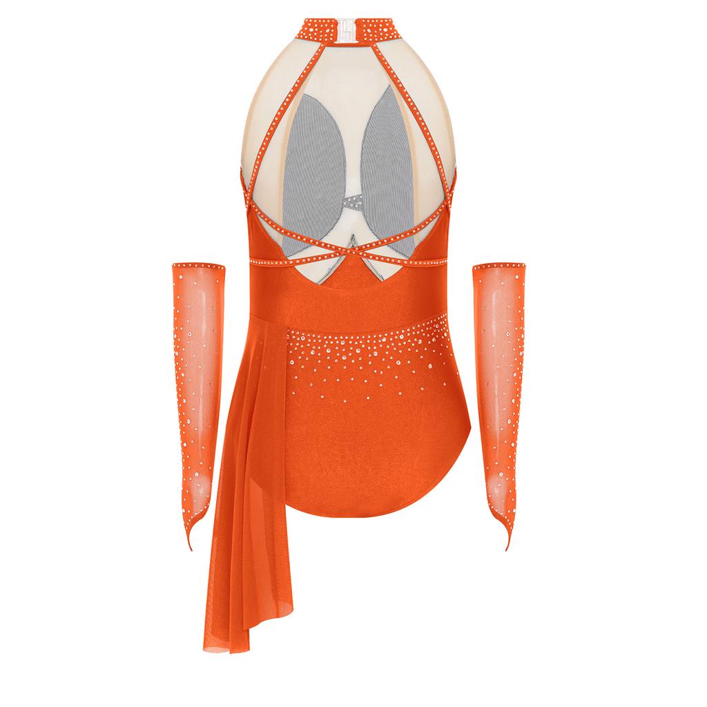 Костюм для фигурного катания для девочек с вырезом на спине, сверкающими стразами и асимметричной юбкой из прозрачной сетки