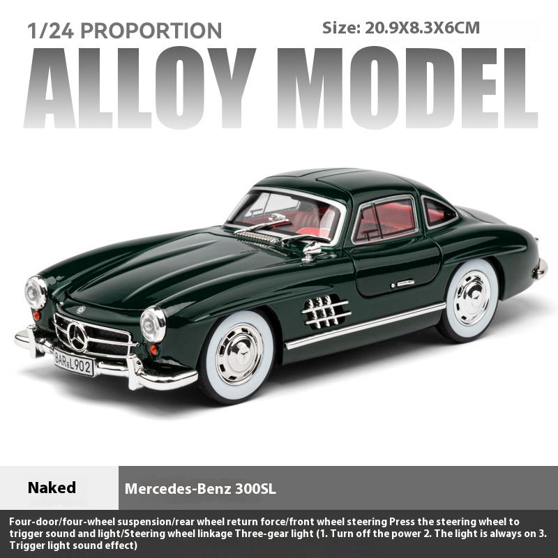 Масштаб 1/24 Классический автомобиль Benz 300SL Металлическая литая модель автомобиля со звуком и светом Коллекционирование Хобби Настольное декоративное украшение Подарок