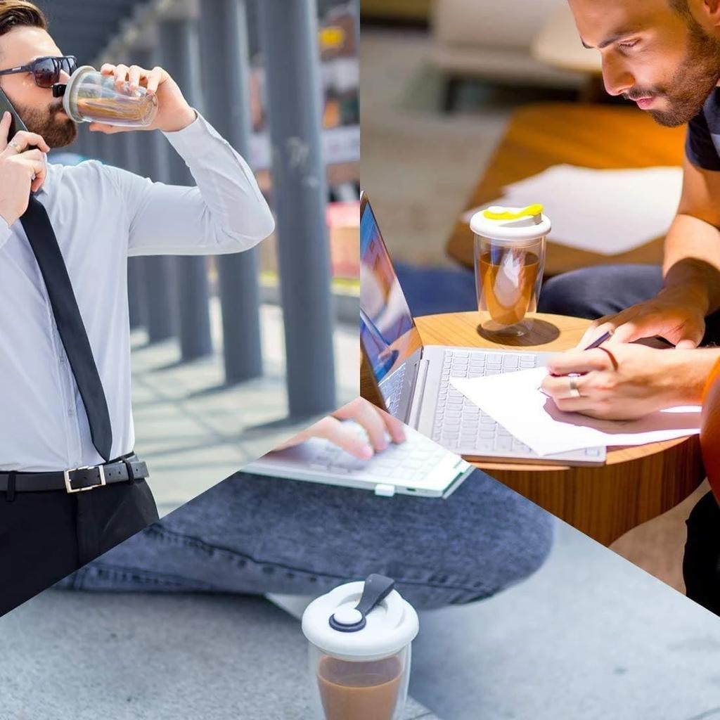 Double Wall Glass Cups with Lid, Reusable Insulated Tea Mug, Dishwasher Safe, Eco Friendly, Coffee Travel Mugs, Dishwasher Safe