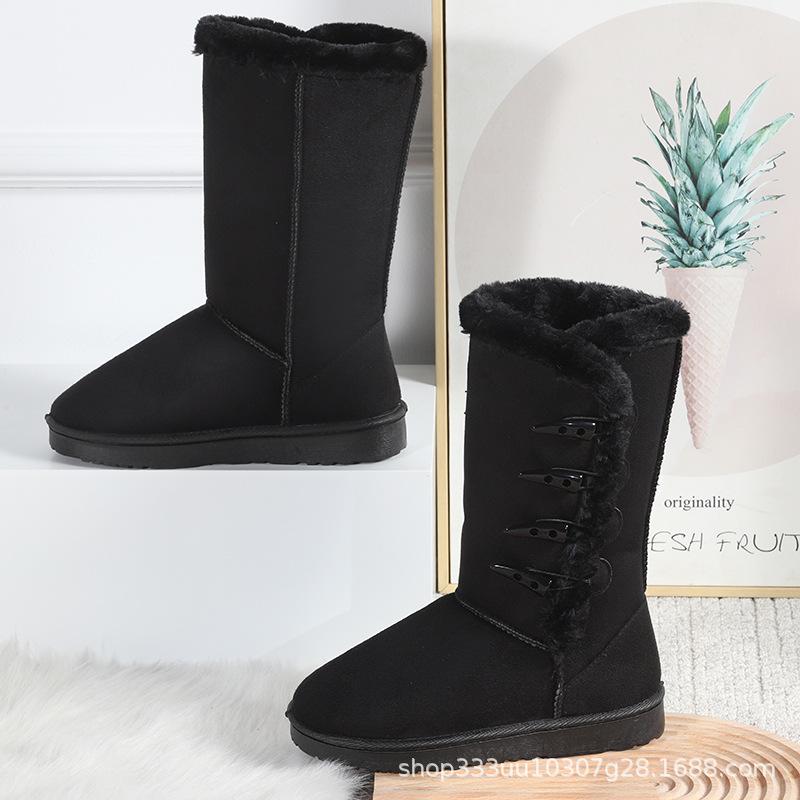 Зимние сапоги из бархата, женские хлопковые ботинки, высокие сапоги с пряжкой из рога, на плоской подошве
