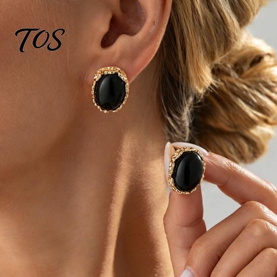 Elegant Resin Gemstone Earrings 1 Pair Vintage Oval Stud for Women, Retro Statement Hypoallergenic Feel Earrings, Gold Frame Chunky Stone Jewelry