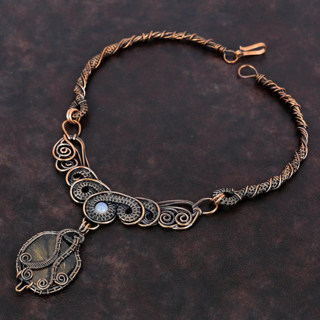 Ожерелье с хиастолитом, ожерелье из медной проволоки, ювелирные изделия из натуральных драгоценных камней, ожерелье из радужного лунного камня, медные украшения ручной работы, подарок для женщин