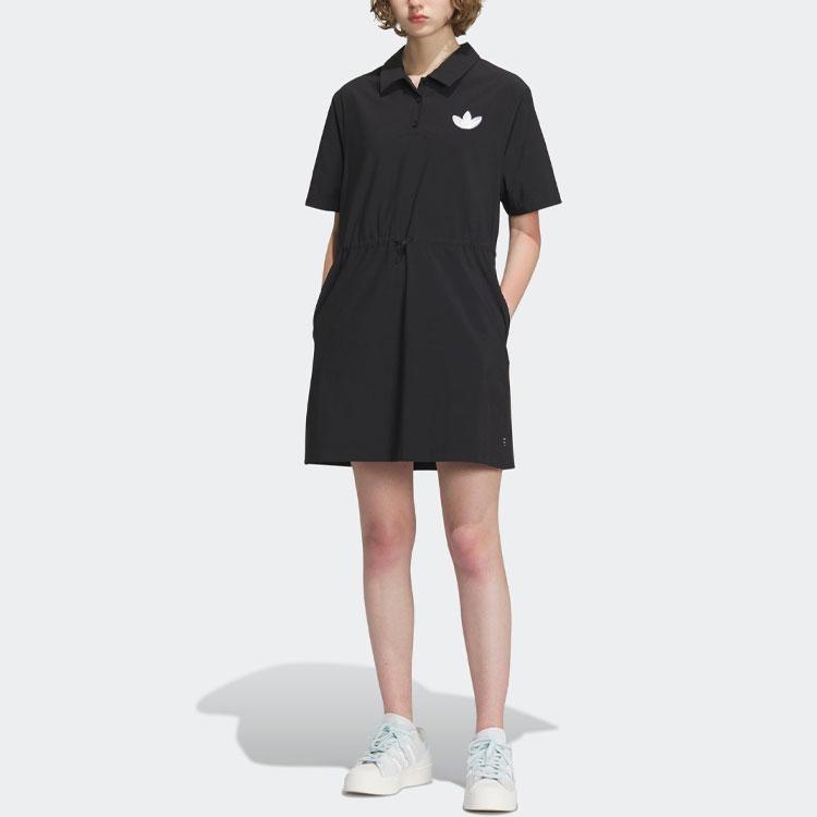 Adidas Originals Trefoil Logo Collar Fitted Short Sleeve Dress Women Dress Black IP2199