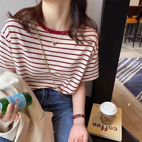 Женская ретро-футболка из хлопка с короткими рукавами в полоску белого и зеленого цвета - свободный, облегающий летний топ