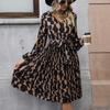 Autumn Winter Women Long Sleeve Print Elegant V-neck Casual A-Line Knee-Length High Waist Dress