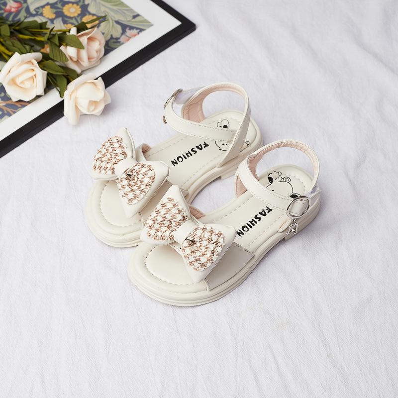 Детская модная повседневная обувь, универсальные однотонные сандалии для девочек с узором «гусиная лапка», с открытым носком, детская обувь в корейском стиле 2024 года, мягкая, простая
