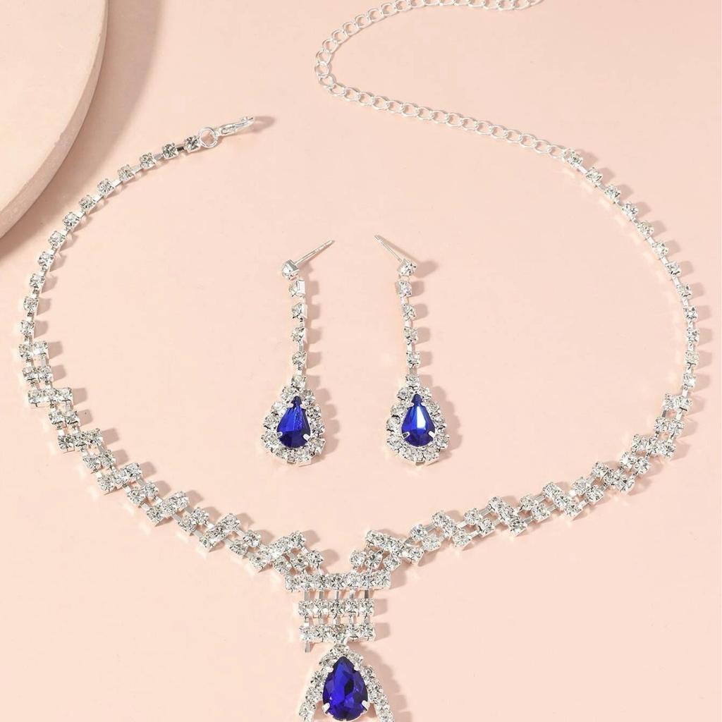 Wedding Bridal Accessories Full Diamond Necklace Earrings Set Women'S Fashion Popular Diamond Droplet Earrings