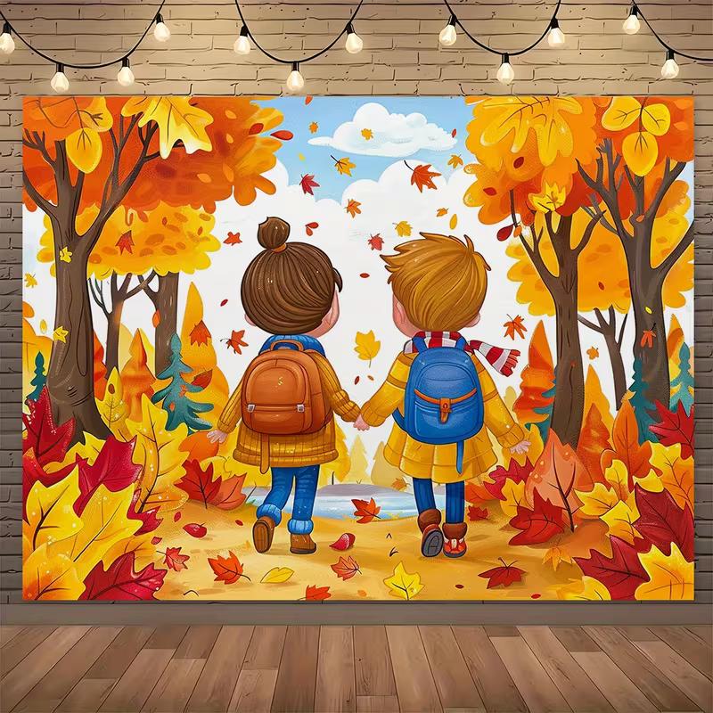 2D Flat Printed Kids Walking in Autumn Background Cloth