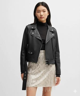 Ручная работа Черная Мотоциклетная Повседневная Стильная Натуральная Куртка из Овчины Женская Кожаная