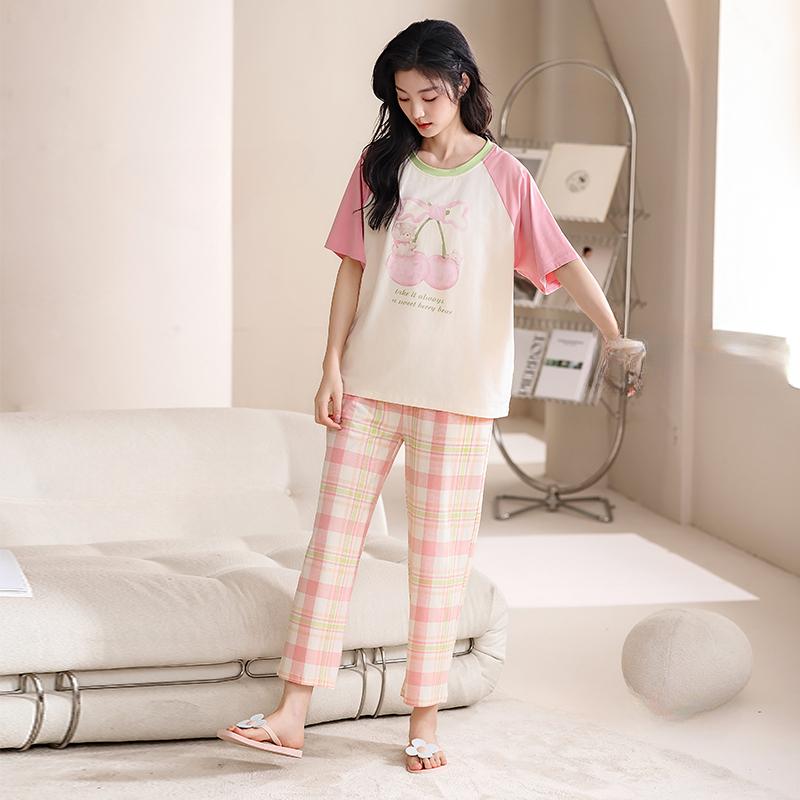 2025 Spring Summer Cotton Pajamas Set for Women Cute Cartoon Print Short Sleeve Tops and Pants Sleepwear Female Casual Loose Pink Pyjamas Homewear