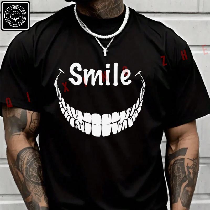 Men T Shirt Black Humor Smile Pattern Design Moto T-Shirt Cotton Men‘s Summer Short Sleeve Tops