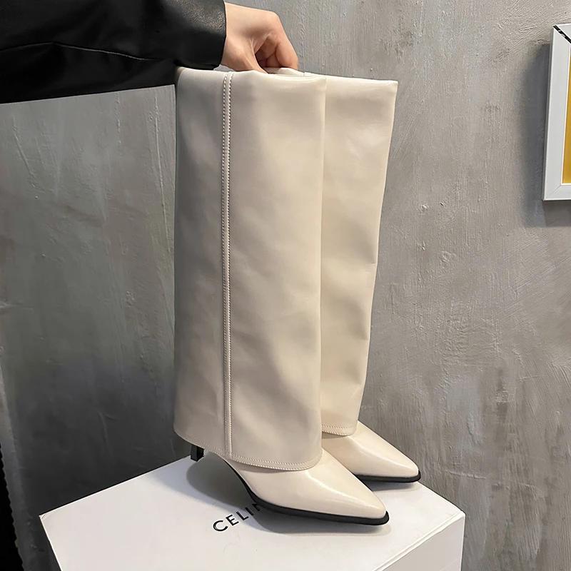 Уличный стиль, женские сапоги до колена, модные, с острым носком, длинные, на тонком каблуке, осенне-зимняя обувь
