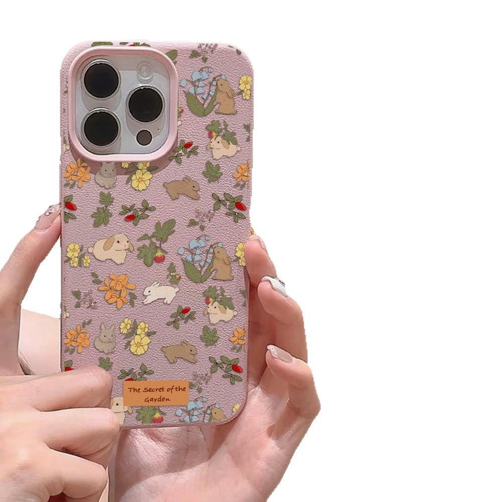 Применимый iPhone17ProMax цветочный и травяной узор из кроличьей кожи чехол для мобильного телефона защита мягкий чехол 17/16/15 большое отверстие 14 милый