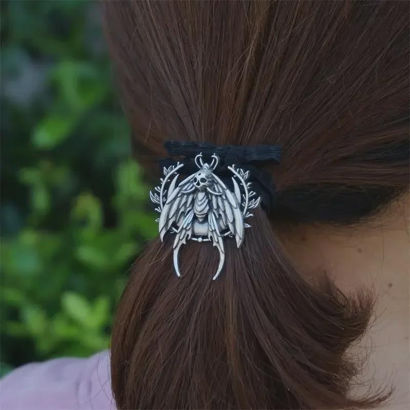 Эластичная повязка для волос с изображением готического черепа и моли — женское винтажное украшение для хвоста и аксессуар для вечеринки