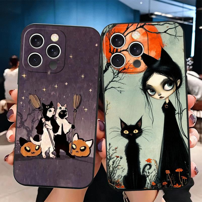 Эстетика Черной Кошки-Ведьмы Мягкий Чехол для Телефона для iPhone 16 16E 17 Air 15 Pro Max 14 Plus 13 Mini 11 12 7 Черная Защитная Крышка Задняя Панель