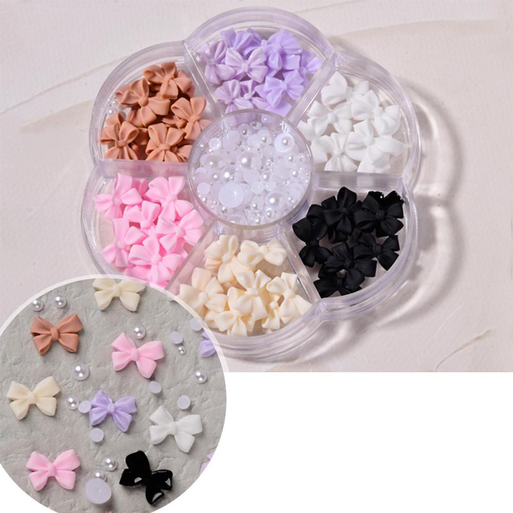 6 Colors Cute Bow Charms and White Flatback Pearls For DIY Nail Decoration